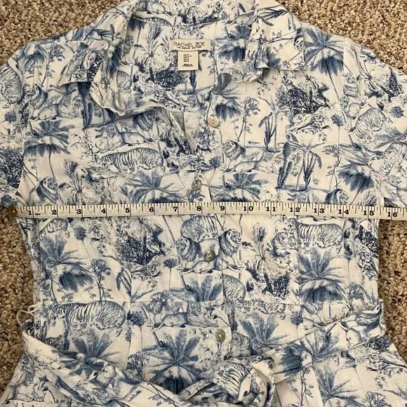 Rachel Zoe White and Blue Safari Linen Blend Midi Shirt Dress with Waist Tie - Picture 5 of 10